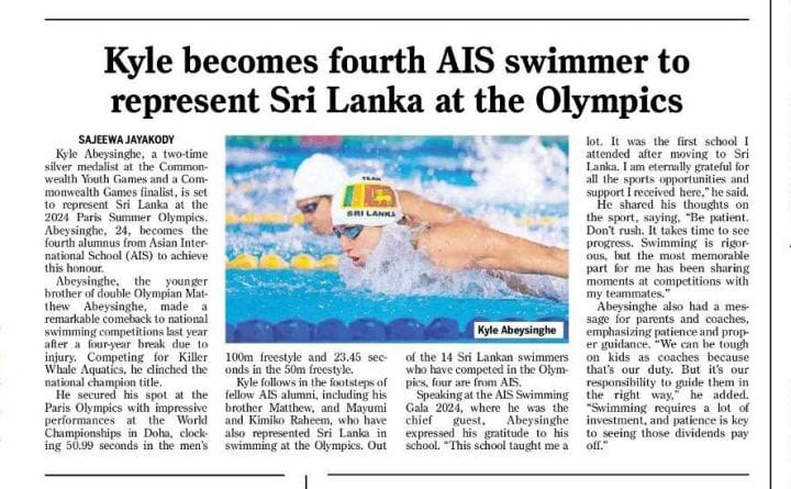Kyle becomes fourth AIS swimmer to represent Sri Lanka at the Olympics