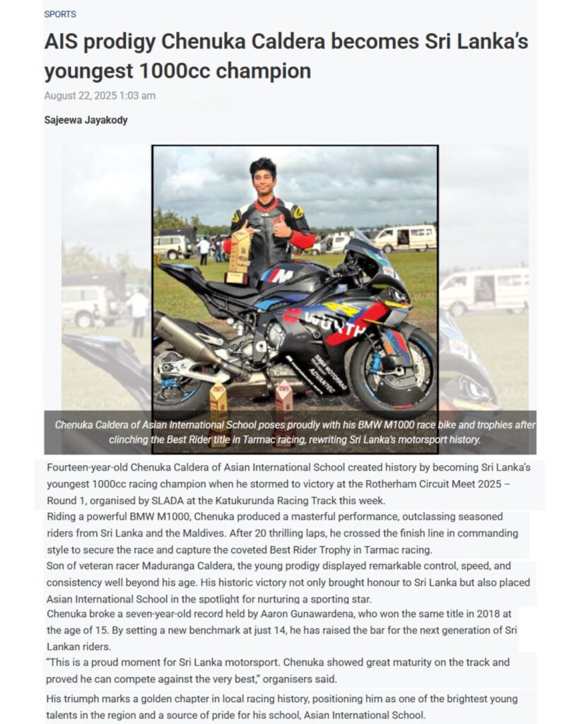 Read more about the article AIS prodigy Chenuka Caldera becomes Sri Lanka’s youngest 1000 cc champion.