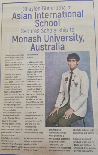 You are currently viewing Asian International School Student Shaylon Gunaratna Secures Prestigious Scholarship to Monash University, Australia